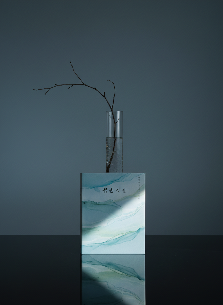 A minimalist, photographic scene of “물의 시간” placed on a reflective black lacquer surface, its pale, water-themed cover art mirrored softly beneath. Behind the book, a slender glass vase holds a single, gracefully curved twig partially submerged in clear water, tiny air bubbles clinging to the stem. A background gradient transitions from deep charcoal at the bottom to soft slate blue at the top. A narrow beam of cool, directional light from the right creates a luminous highlight along the book’s edge and delicate reflections in the water, with the rest of the scene in gentle shadow. Shot straight-on, with symmetrical composition, the mood is contemplative, poetic, and distinctly modern, evoking the title’s sense of “time of water.”