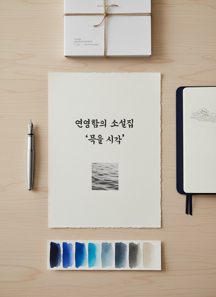 A carefully composed flat lay of a Korean publisher’s announcement for 연용흠의 소설집 “물의 시간.” The centerpiece is a printed announcement sheet on thick, textured off-white paper, featuring the book title in refined Hangul typography and a small, monochrome thumbnail of the cover with abstract water imagery. Surrounding it are a fountain pen, a neatly bound galley proof, a slim navy-blue notebook, and color swatches of cool blues and warm grays. Soft, even studio lighting minimizes harsh shadows, highlighting textures of paper and ink. Photographic realism, top-down composition with balanced negative space, exudes a professional, editorial atmosphere appropriate for a literary press release or website announcement.