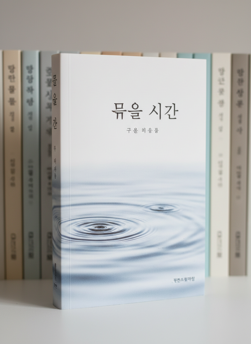 A close-up, photographic view of the novel “물의 시간” standing upright against a backdrop of vertically arranged Korean books with muted, harmonious spines. The featured book has a clean, minimalist cover with a poetic illustration of rippling water rendered in misty blue-gray tones. Soft studio lighting from above and slightly to the right creates gentle reflections on the smooth cover and crisp edges along the spine. The background books are out of focus, forming a subtle gradient of neutral colors. Shot at a slightly elevated angle, rule-of-thirds framing, the mood is refined, intellectual, and modern, emphasizing the book as a distinguished new work in contemporary Korean literature.