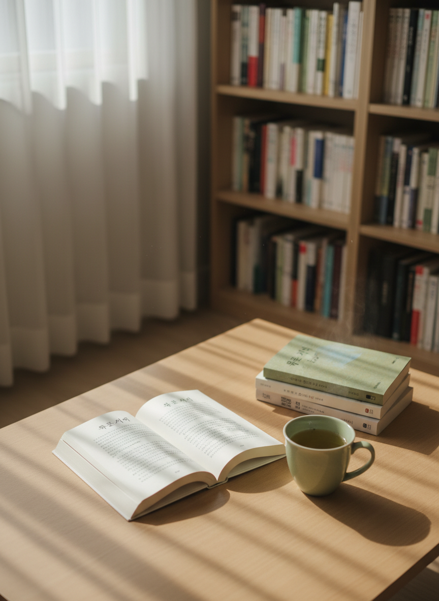 An elegant reading nook featuring the novel “물의 시간” open to a mid-chapter spread on a low, light-wood table, the Korean text neatly printed in classic serif type. A ceramic cup of green tea sits nearby, faint steam rising, next to a small stack of other Korean literary titles from the same publisher. Behind, a tall bookshelf filled with neatly arranged volumes fades into soft blur. Diffused morning light filters through sheer curtains, casting delicate patterns across the pages. Photographic realism, shot from a slightly overhead angle with shallow depth of field, creates a serene, introspective mood that invites focused reading and appreciation of Korean literature.